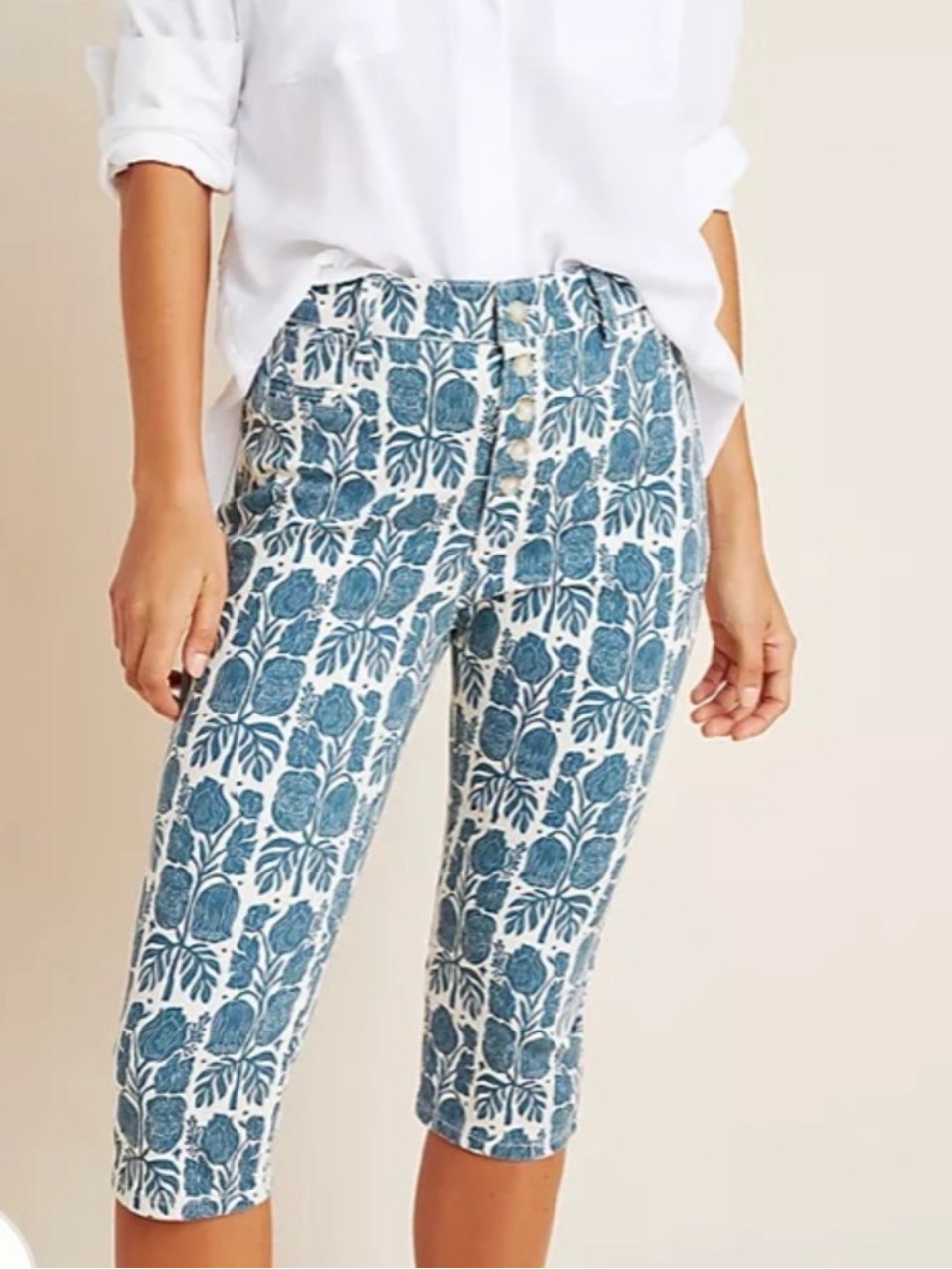 Anthropologie White And Teal High-Waist Printed Shorts